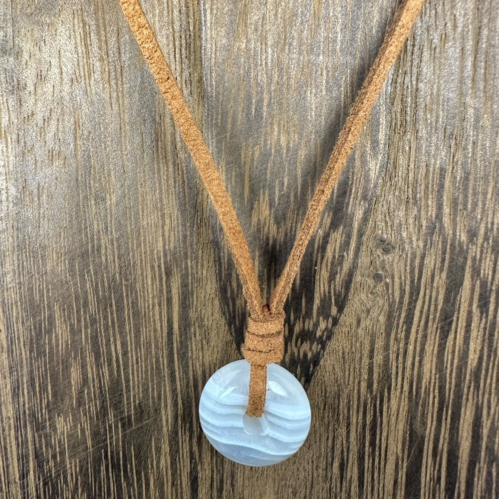 Small Banded White Agate Donut Pendant Necklace on Brown Suede - Picture 9 of 14